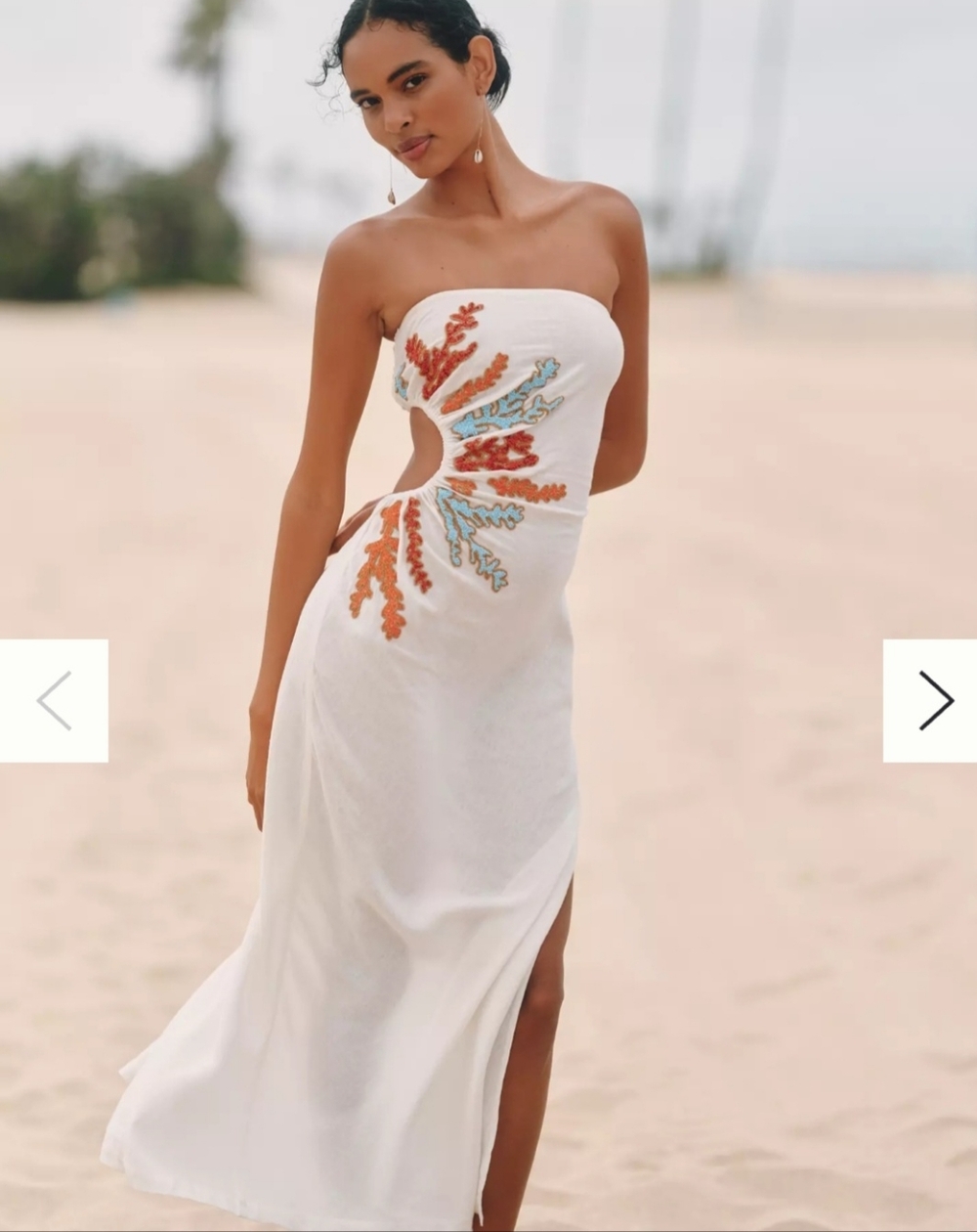 Backless White Dress with Coral and Turquoise Embroidery